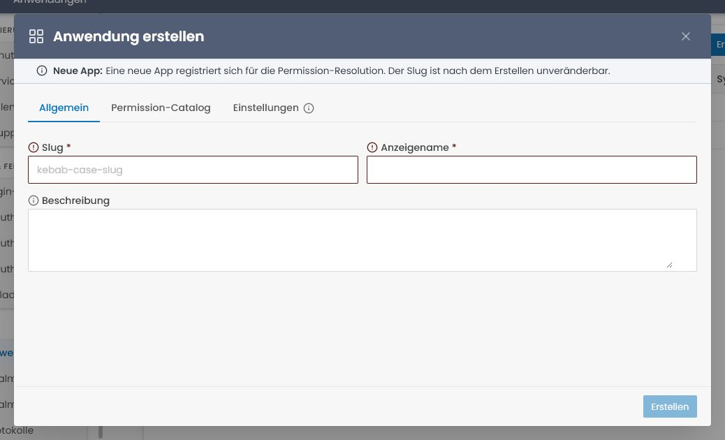 Create application dialog