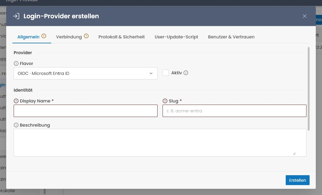 Create login provider dialog