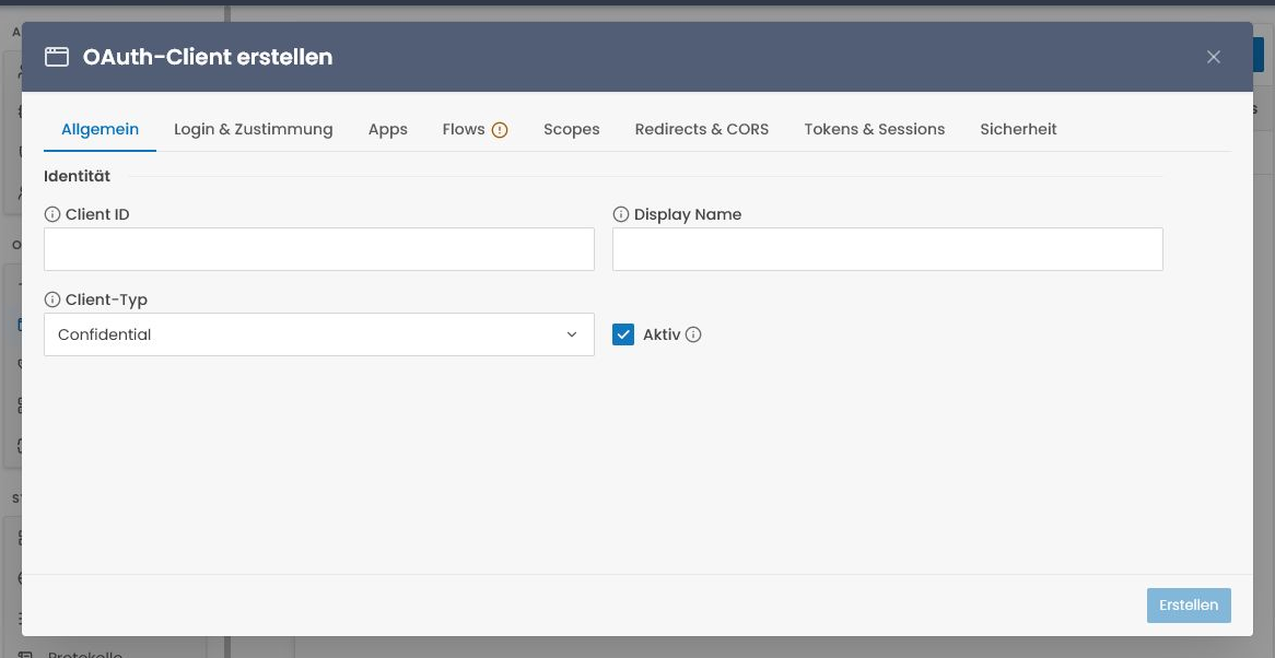 Create OAuth client dialog