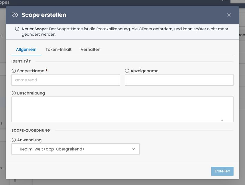 Create OAuth scope dialog