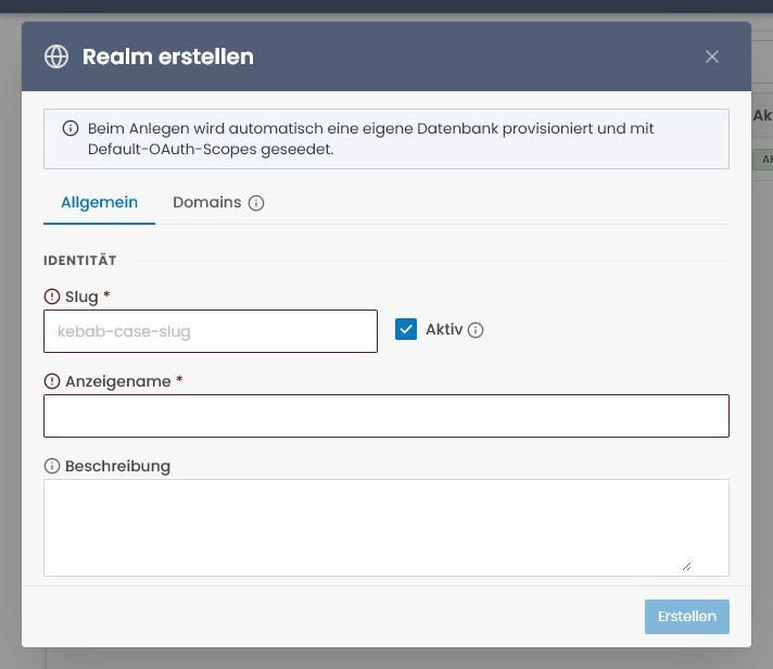 Create realm dialog